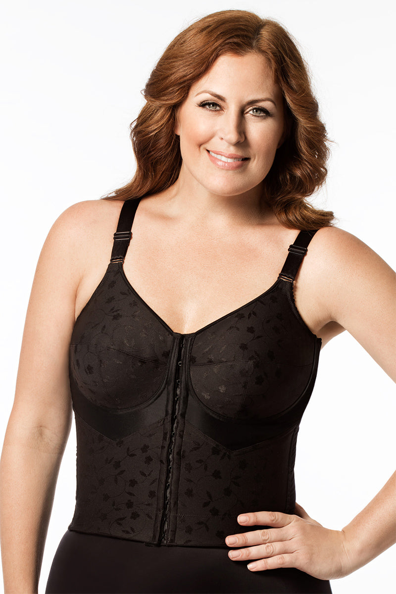 Elila Jacquard Posture Group Front Hook Longline Bra - Black - source image 24856