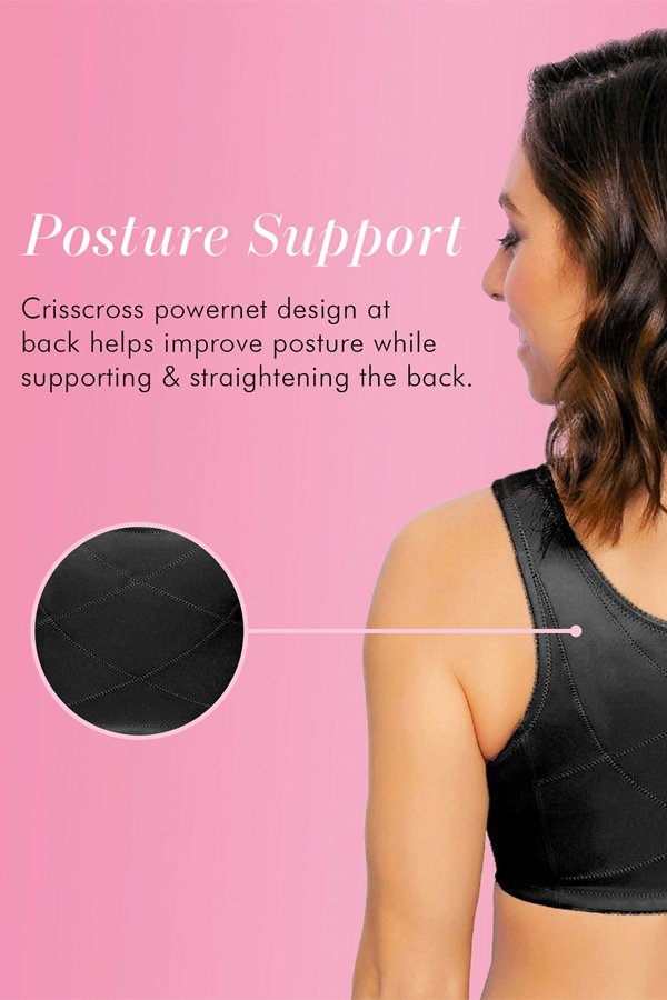 Exquisite Form Fully Front Close Cotton Posture Bra With Lace - Black - source image 42723