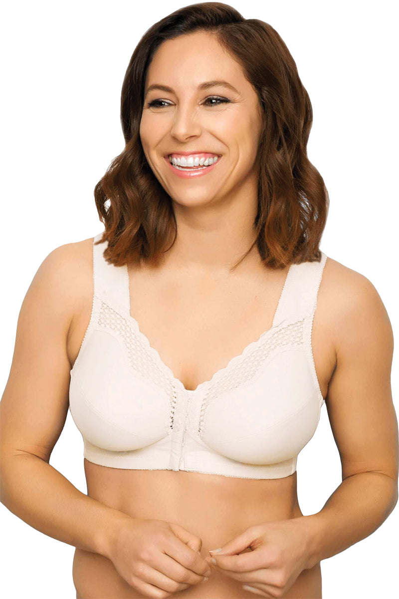 Exquisite Form Fully Front Close Cotton Posture Bra With Lace - White - source image 29527