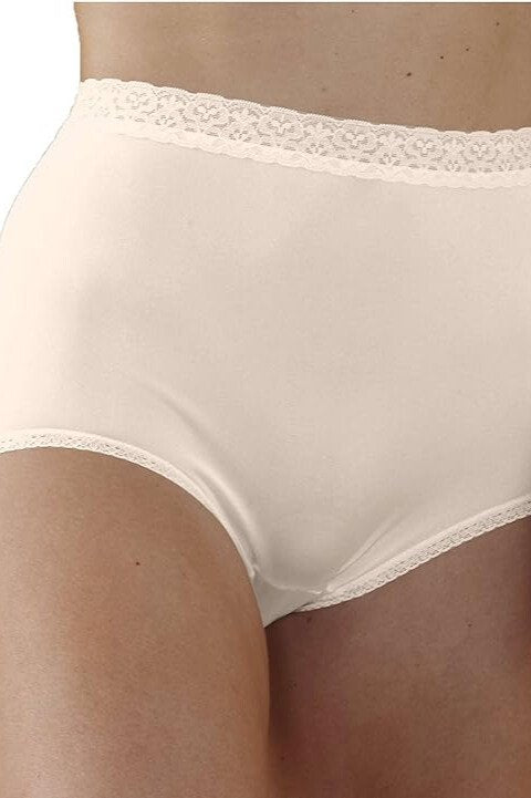 National Full-Coverage Comfort Panties All-Nylon Lace Trim with Cotton-Lined Crotch - Beige - source image 70621