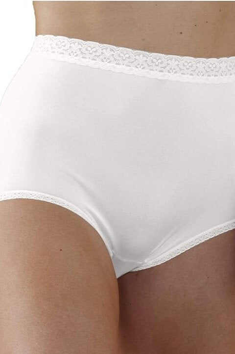 National Full-Coverage Comfort Panties All-Nylon Lace Trim with Cotton-Lined Crotch - White - source image 70620