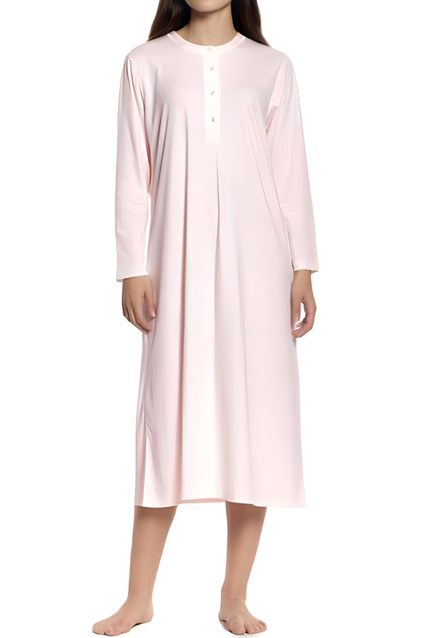 P.Jamas Butterknit Placket Gown, Long - Pink - source image 65053