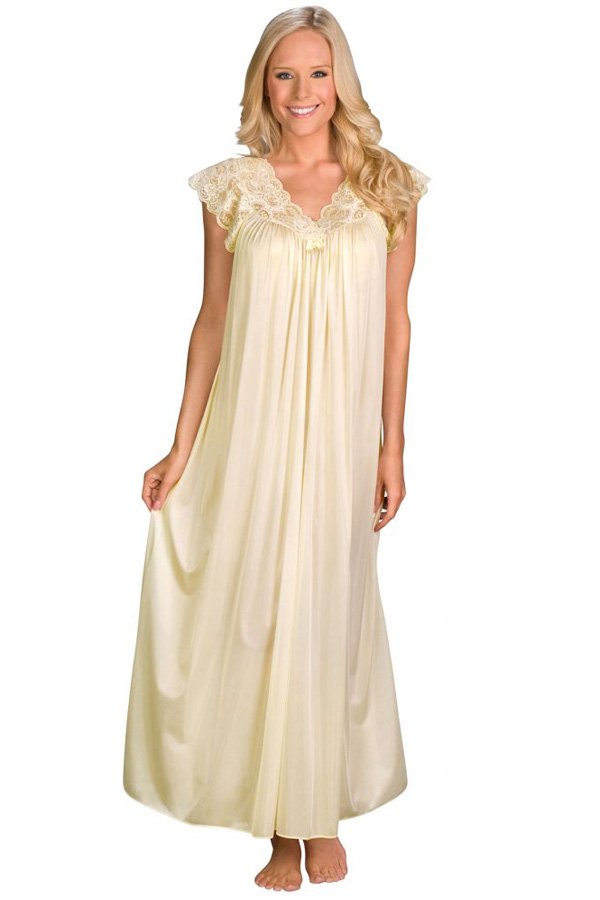 Shadowline Lingerie by Velrose Long Lace Cap Sleeve Nightgown - Ivory - source image 46336