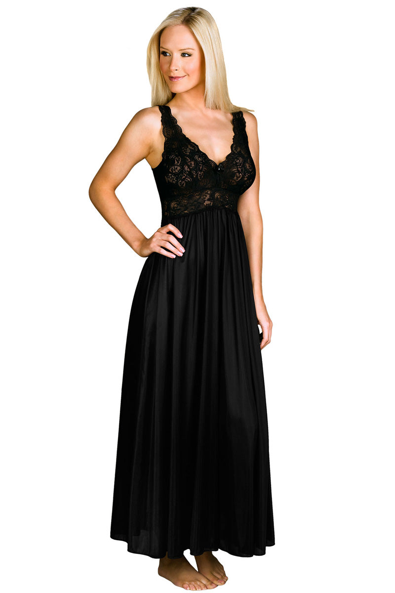 Shadowline Lingerie by Velrose Long Stretch Lace Bodice Nightgown - Black - source image 46272