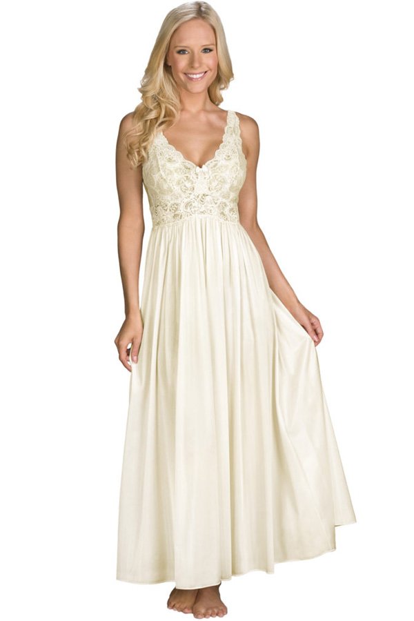Shadowline Lingerie by Velrose Long Stretch Lace Bodice Nightgown - Ivory - source image 46273