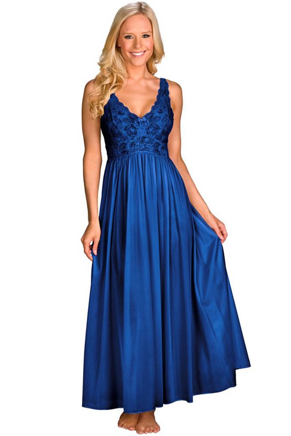 Shadowline Lingerie by Velrose Long Stretch Lace Bodice Nightgown - Navy - source image 46274