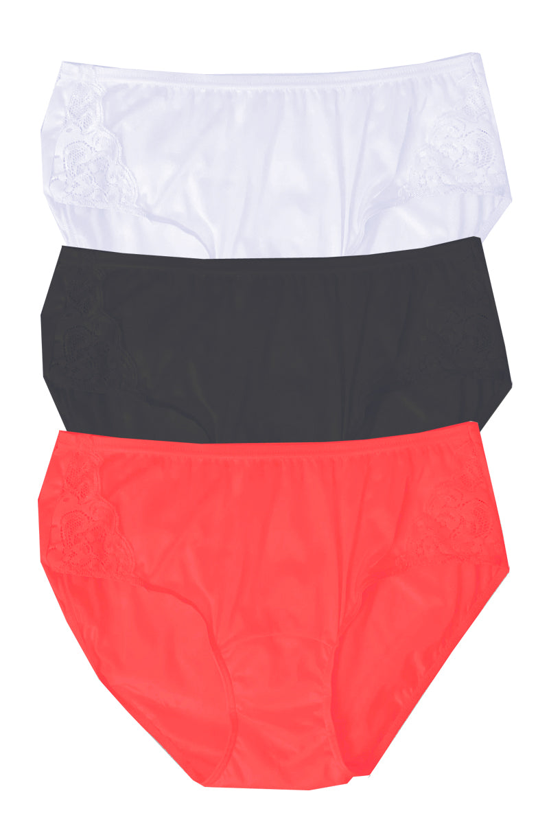 Shadowline Lingerie by Velrose Nylon Hipster Panty with Lace, 3-Pack - Red/Black/Silver - source image 61728
